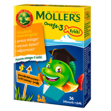 Рыбий жир для детей с витамином D3 и апельсиново-лимонным вкусом, Mollers Omega-3, желейные рыбки – поддержка мозга, костей и иммунитета, 36 шт